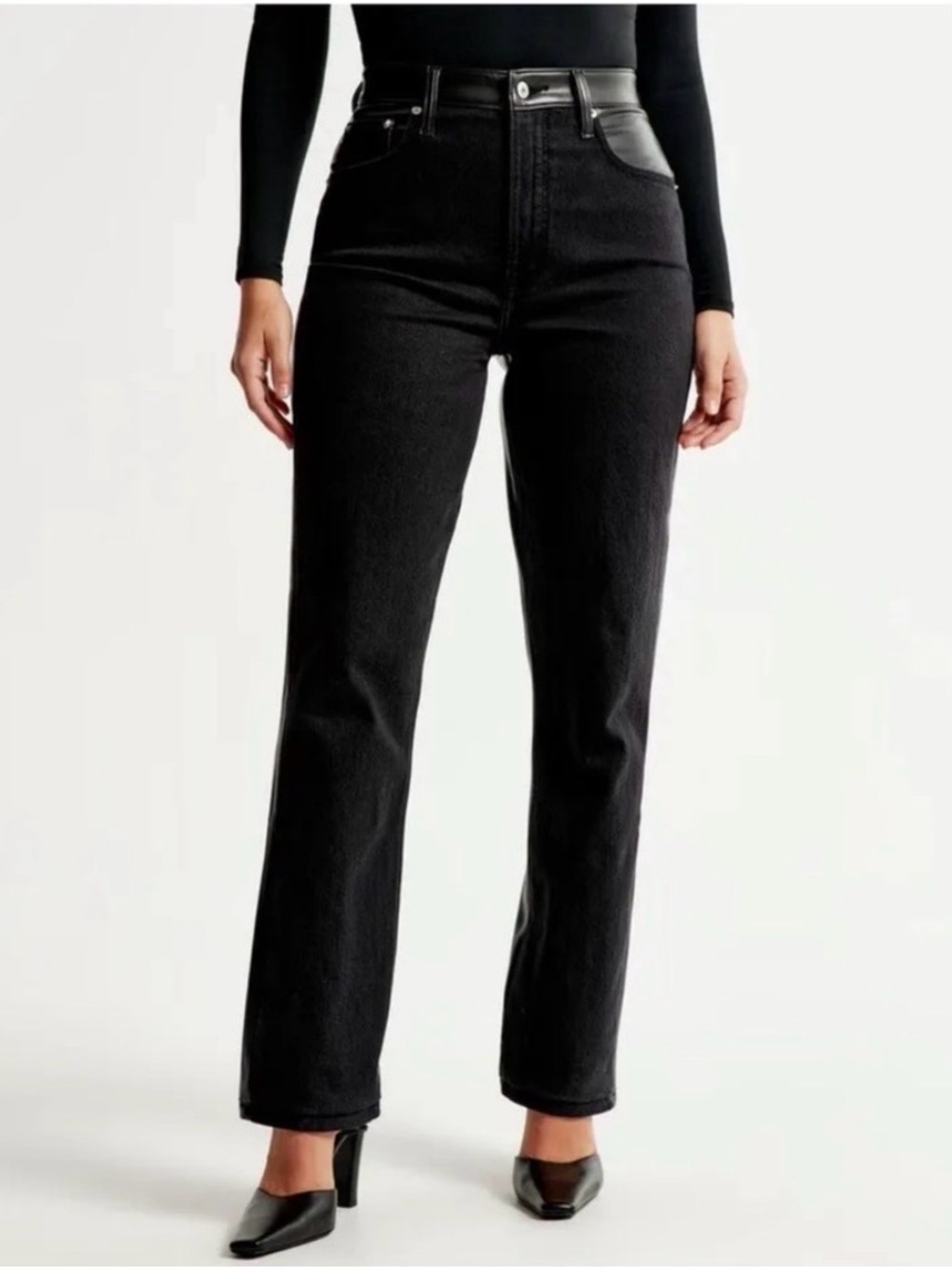 Abercrombie & Fitch The 90's Straight Ultra High Rise Black Faux Leather Panel